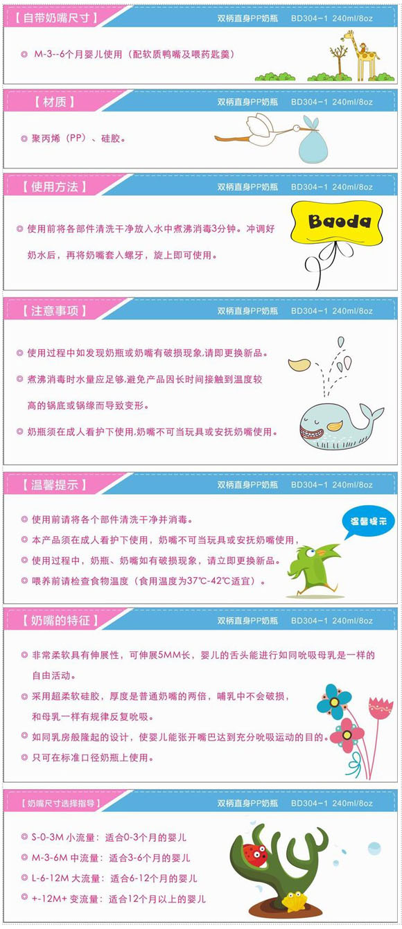 寶德雙柄直身PP奶瓶240ml藍