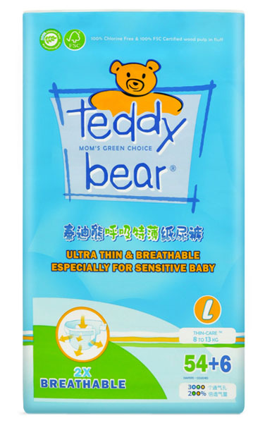 泰迪熊呼吸特薄大包裝嬰兒紙尿褲藍色L碼