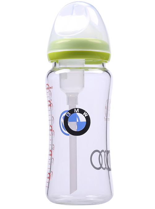 淘氣兔車標防脹氣玻璃奶瓶綠色