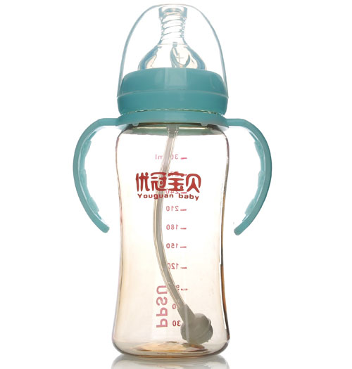 優冠寶貝PPSU寬口帶柄自動奶瓶300ml藍色