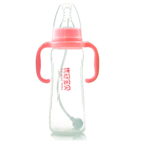 優冠寶貝標口帶柄自動PP奶瓶300ml紅色