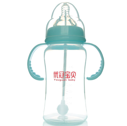 優(yōu)冠寶貝寬口帶柄自動PP奶瓶300ml藍色