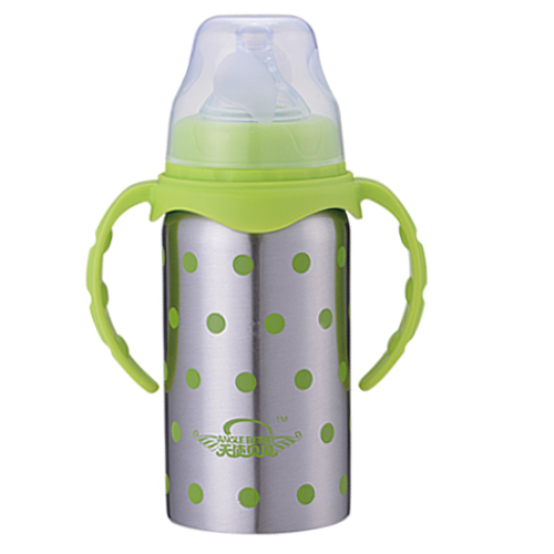 天使貝貝波點帶手柄兒童不銹鋼奶瓶綠色
