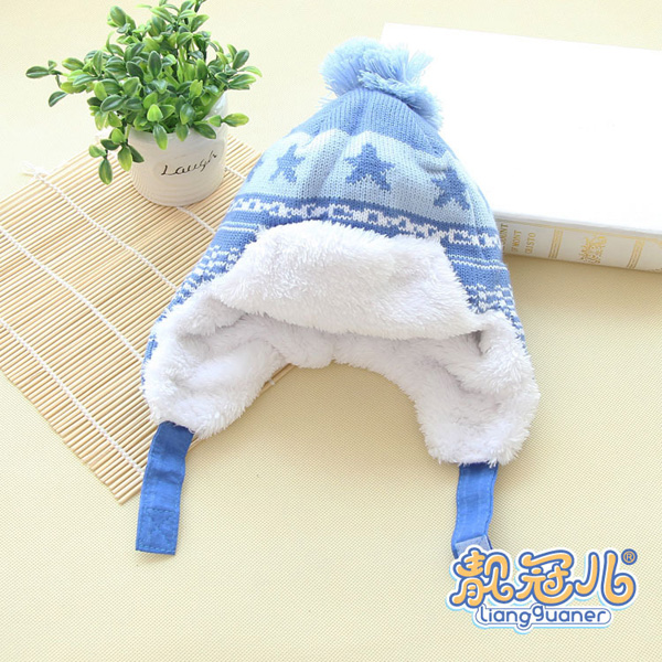 靚冠兒嬰幼兒加絨保暖護(hù)耳帽子淺藍(lán)色