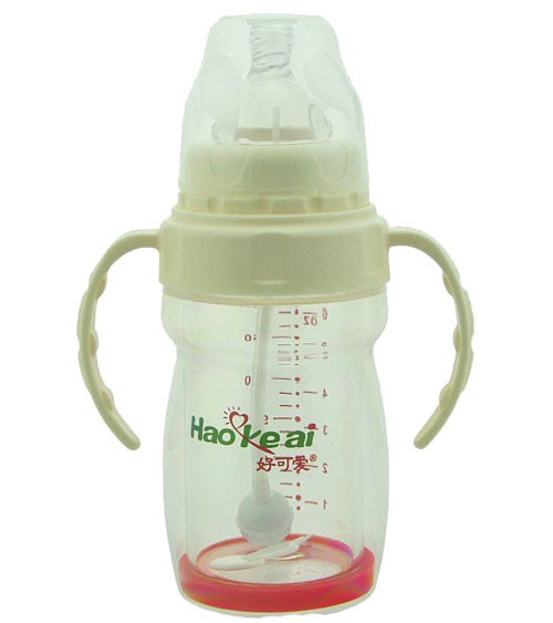好可愛寬口自動吸管手柄雙層晶鉆玻璃奶瓶180ML