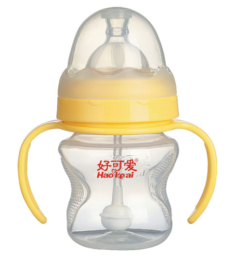 好可愛(ài)寬口自動(dòng)吸管手柄弧形奶瓶120ml