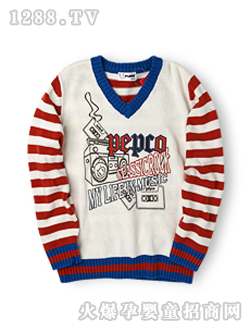 小豬班納白色男大童V領毛衫