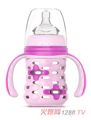 貝優能硅膠套帶柄自動寬口玻璃奶瓶120ml