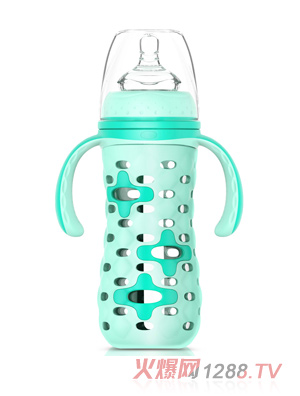 貝優能硅膠套帶柄自動寬口玻璃奶瓶240ml